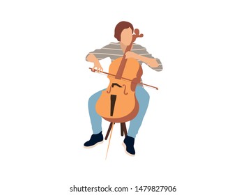 Young man playing on contrabass. Isolated flat illustration - Vector