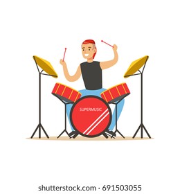 Young man playing on drums, guy behind the drum kit vector Illustration