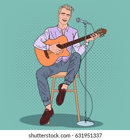 Young Man Playing on Guitar and Singing Song. Pop Art vector illustration