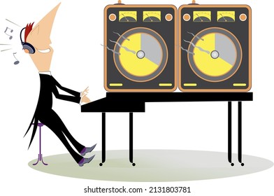 Young man playing piano or keyboard illustration. Musician in headphones, piano or keyboard, two big loudspeakers and loud isolated on background