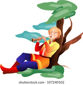 The young man playing a pipe by the tree in a meadow on a transparent background