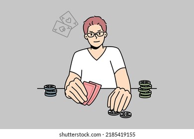 Young Man Playing Poker. Male Gamer Engaged In Gambling Enjoy Card Game At Table. Vector Illustration. 