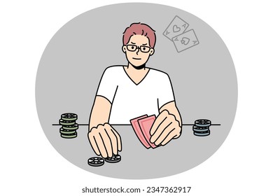 Young man playing poker. Male gamer engaged in gambling enjoy card game at table. Vector illustration.