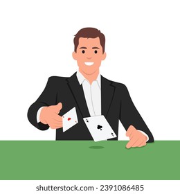 Young man playing poker. Male gamer engaged in gambling enjoy card game at table. Flat vector illustration isolated on white background