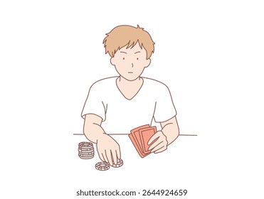 Jovem jogando pôquer. Jogador masculino envolvido em jogos de azar desfrutar de jogo de cartas na mesa. Ilustrações de design de vetor de estilo desenhado à mão.