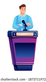 Young man playing quiz game. Happy boy answers question in competition, standing with microphone. Television trivia show vector illustration. Guy thinking on white background.