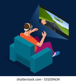 Der junge Mann spielt Racing-Videospiel im virtuellen 3D-Reality-Simulator mit Headset. Flaches 3D-Isometrie. Automobil in virtueller Realität. Innovation bei der Anwendung von Glas und Glücksspiel