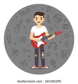 Young man playing rock guitar in flat cartoon style. Background is a pattern of music related symbols.