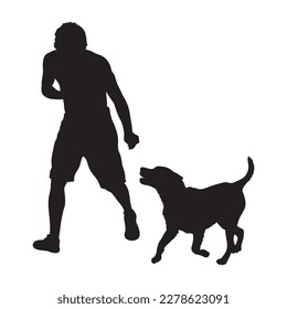 Junge Mann, der mit seinem Hund Silhouette auf weißem Hintergrund spielt und läuft.