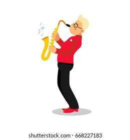 Young man playing sax cartoon character, saxophone player vector Illustration