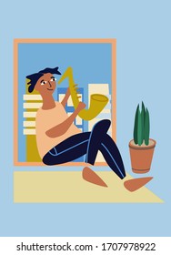 Young man playing saxophone by the window. At-home concert, neighbourhood concert. Creative activitiy concept. Social distancing during COVID-19 pandemic concept. Vector illustration in flat style