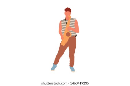 Young man playing saxophone. Isolated flat illustration - Vector