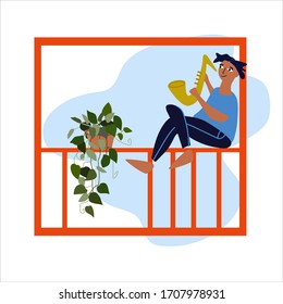 Young man playing saxophone on the balcony balustrade. Neighbourhood concert. Creative activitiy concept. Social distancing during COVID-19 pandemic concept. Vector illustration in flat style