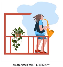 Young man playing saxophone on the balcony. Neighbourhood concert. Creative occupation concept. Social distancing during COVID-19 pandemic concept. Vector illustration in flat style