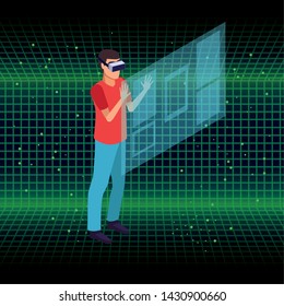 Young man playing with screen and virtual reality glasses on three dimensional background vector illustration
