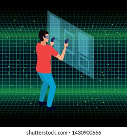 Young man playing with screen and virtual reality glasses on three dimensional background vector illustration