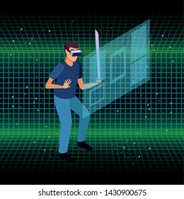Young man playing with screen and virtual reality glasses on three dimensional background vector illustration