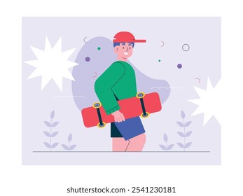 Young man is playing skateboard, youth hobby activity. Design character. Vector flat illustration