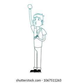 Young man playing with smartphone on blue lines