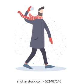 Young man playing in the snowballs outdoors.  Man in an overcoat and scarf. Vector illustration on light background.