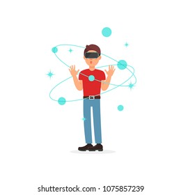 Young man playing space video game in virtual reality with VR headset, gaming cyber technology concept vector Illustration on a white background