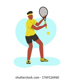 Ein junger Mann, der Tennis spielt. Ein flacher Charakter. Vektorgrafik.