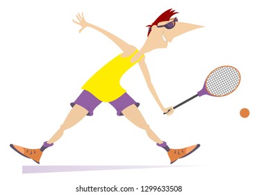 Young man playing tennis isolated illustration. Man with a tennis racket beats a ball isolated on white
