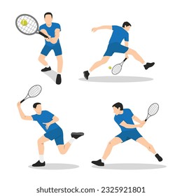 Joven jugando al tenis en la cancha. Ilustración vectorial plana aislada en fondo blanco