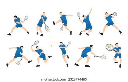 Joven jugando al tenis en la cancha. Ilustración vectorial plana aislada en fondo blanco