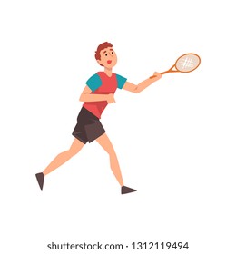 Young Man Playing Tennis, Professional Sportsman Character Wearing Sports Uniform with Racket in His Hand Vector Illustration