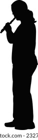 a young man playing transverse flute, silhouette vector