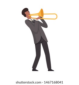Young Man Playing Trombone Male Jazz Musician Character in Elegant Suit with Musical Instrument Vector Illustration