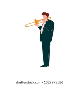 Young man Playing Trumpet, male Musician Trumpeter Player with Classical Musical Instrument Vector Illustration