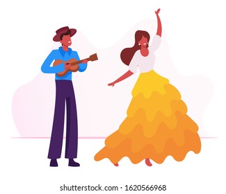 Young Man Playing Ukulele Guitar to Girl Dancing Traditional Dance at Rio Carnival. Full Height Musician Character Guitarist Virtuoso Music Player Performing on Fair. Cartoon Flat Vector Illustration