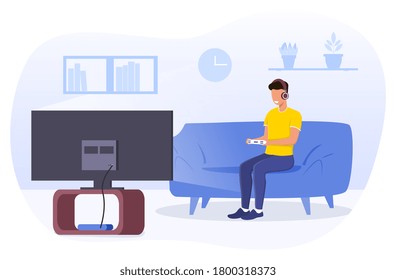 Young man playing a video game using a controller or game box seated on a sofa at home, colored vector illustration