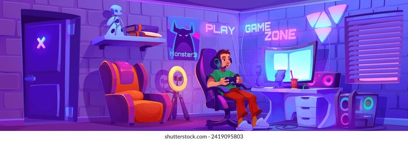 Young man playing video game on computer. Cartoon vector of room interior with gaming and streaming setup. Teen boy sitting in chair with joystick near desk with monitor and neon signs on wall.