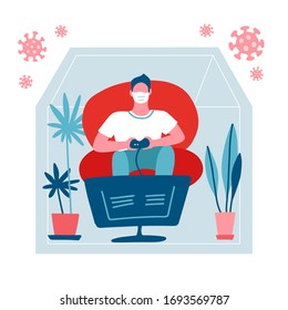 Young man playing video games. Guy playing with game console controller. Male character on coronavirus home quarantine. COVID-19 outside silhouette of house. Isolated flat vector illustration.