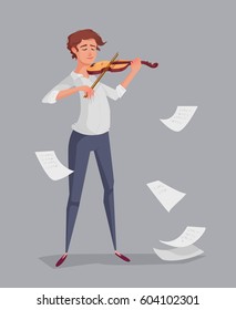 The young man is playing the violin. Background with leaves notes. Dynamic vector illustration.