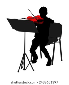 Young man playing violin vector silhouette illustration isolated on white background. Classic music performer concert. Musician artist amusement public. Violin virtuoso. Boy plays string instrument.