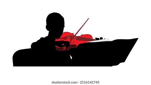 Young man playing violin vector silhouette illustration isolated on white background. Classic music performer concert. Musician artist amusement public. Violin virtuoso. Boy plays string instrument.