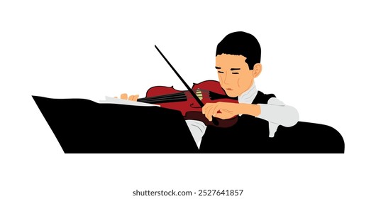 Jovem tocando violino vetor ilustração isolado no fundo branco. Show de intérprete de música clássica. Músico artista diversão público. Violino virtuoso. Garoto toca instrumento de corda de violino.