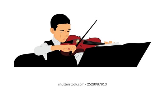 Jovem tocando violino vetor ilustração isolado no fundo branco. Show de intérprete de música clássica. Músico artista diversão público. Violino virtuoso. Garoto toca instrumento de corda de violino.