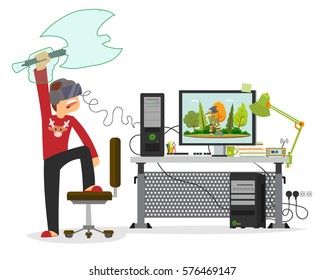 young man playing in a virtual computer game. vector illustration.