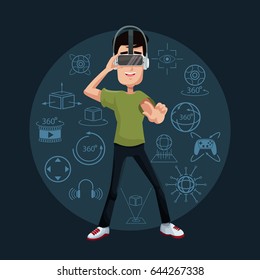 young man playing virtual reality wearing goggle
