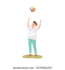 Young Man Playing Volleyball with Ball on Green Lawn Vector Illustration