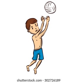 Young man playing volleyball on the beach.Hand drawn cartoon vector illustration.