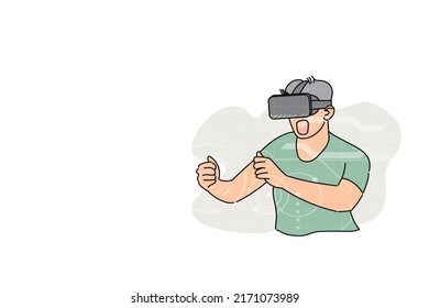 Young man playing VR game. Player holding something in virtual world. Vector illustration design