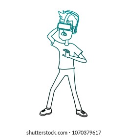 Young man playing with vr on blue lines