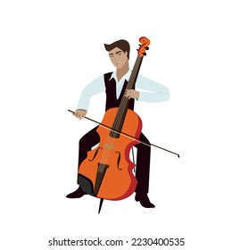 Un joven toca el violonchelo. Famoso, músico de fondo blanco.
