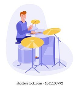 The young man plays drums. Flat style. Vector illustration.